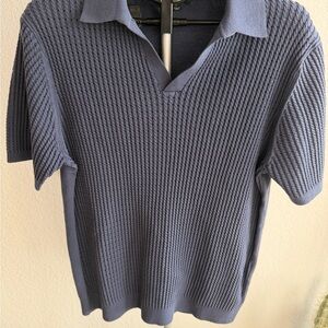 REISS Men’s Textured Knit Polo Sweater | Blue-Gray | Short Sleeve | Size L